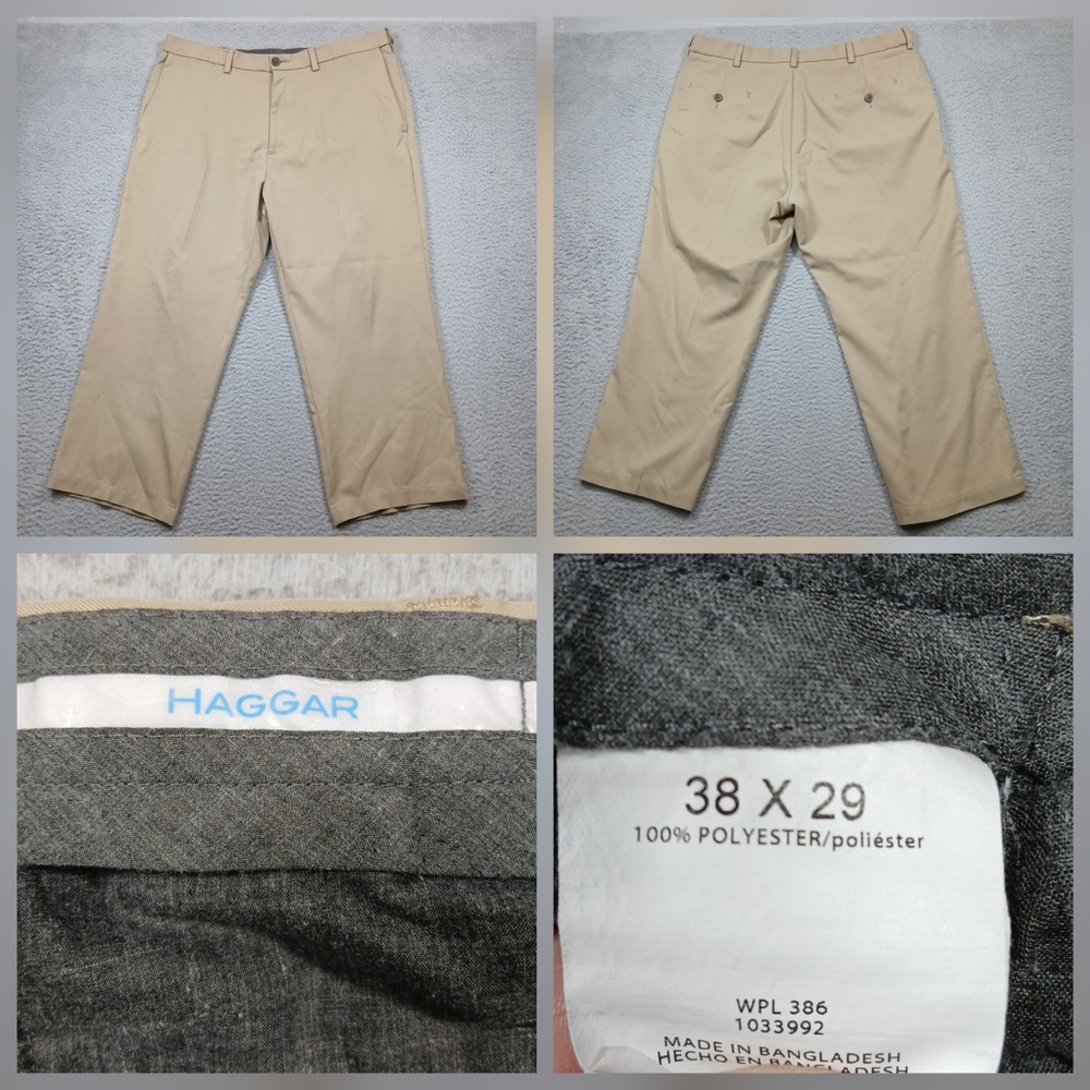 Haggar Dress Pants Mens 38x29 Khaki Tan Polyester Slacks